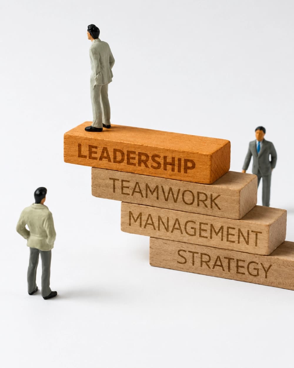 Toy figures climbing stacked wooden blocks labelled leadership, teamwork, management and strategy