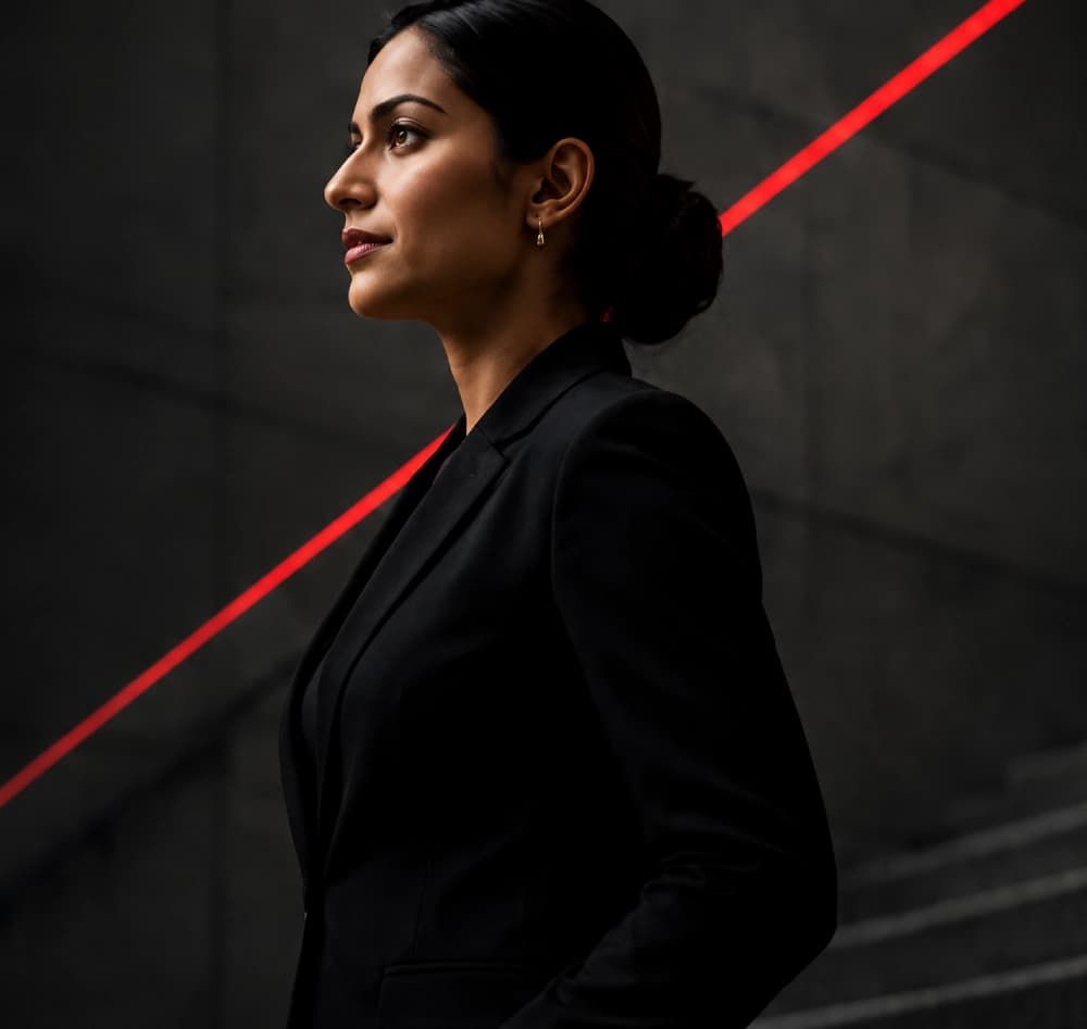 Woman in a dark blazer shown in profile against a dark background with a red diagonal line